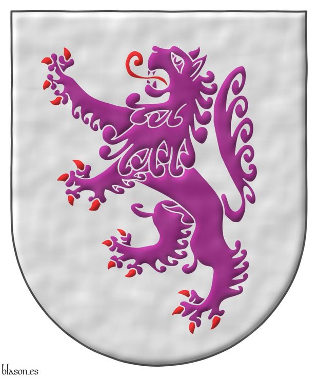 Escudo de plata, un len rampante de prpura, armado y lampasado de gules.