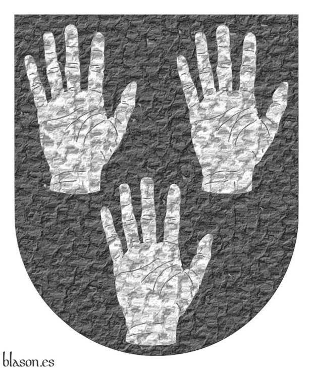 Sable, three dexter hands turned up, and appaume Argent.