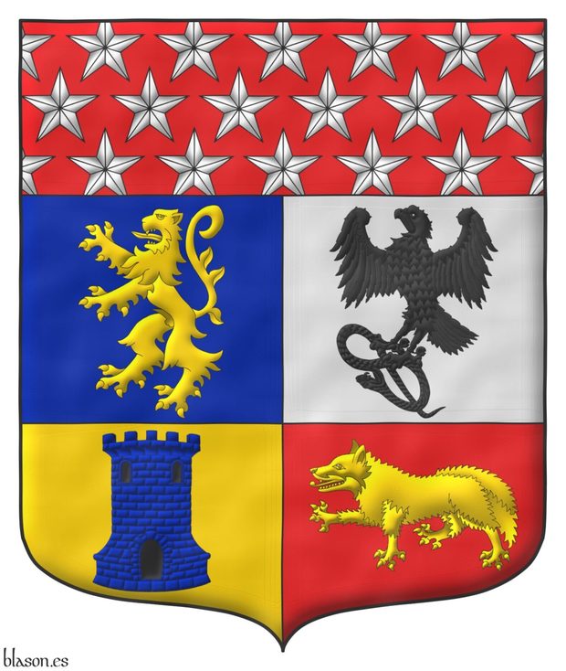 Quarterly: 1 Azure, a lion rampant Or; 2 Argent, a falcon rising, grasping in its paws a serpent Sable; 3 Or, a tower Azure, port, windows, and masoned Sable; 4 Gules, a fox passant Or; a chief Gules sem of mullets Argent.