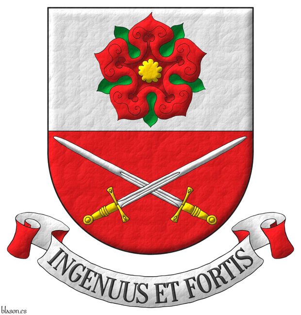 Party per fess: 1 Argent, a rose Gules, barbed and seeded proper; 2 Gules, two swords in saltire Argent, hilted Or. Motto: Ingenuus et fortis Sable over a scroll Argent doubled Gules.