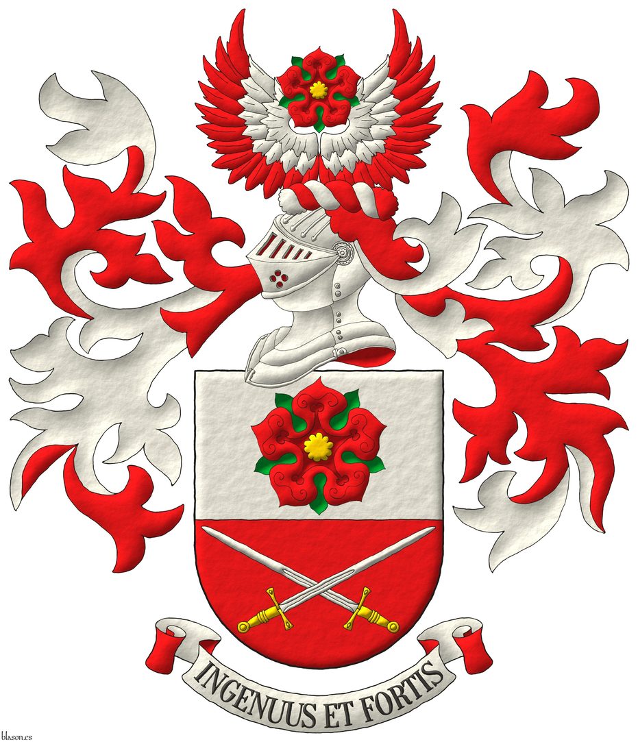 Escudo cortado: 1o de plata, una rosa de gules, hojada de sinople, botonada de oro; 2o de gules, dos espadas en sotuer de plata, guarnecidas de oro. Timbrado de un yelmo, adornado de dos lambrequines de gules doblados de plata, un burelete de plata y gules, cimado de un vuelo de gules, coberteras de plata, sumado de una rosa de gules, hojada de sinople, botonada de oro. Lema: Ingenuus et fortis de sable sobre una filacteria de plata doblada de gules.