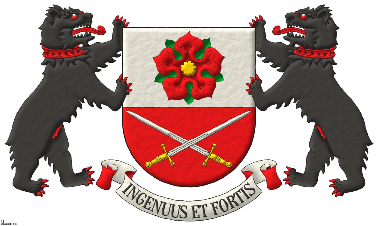 Party per fess: 1 Argent, a rose Gules, barbed and seeded proper; 2 Gules, two swords in saltire Argent, hilted Or. Supporters: Two bears Sable, the eyes, pizzled, langued, armed and gorged Gules. Motto: Ingenuus et fortis Sable over a scroll Argent doubled Gules.