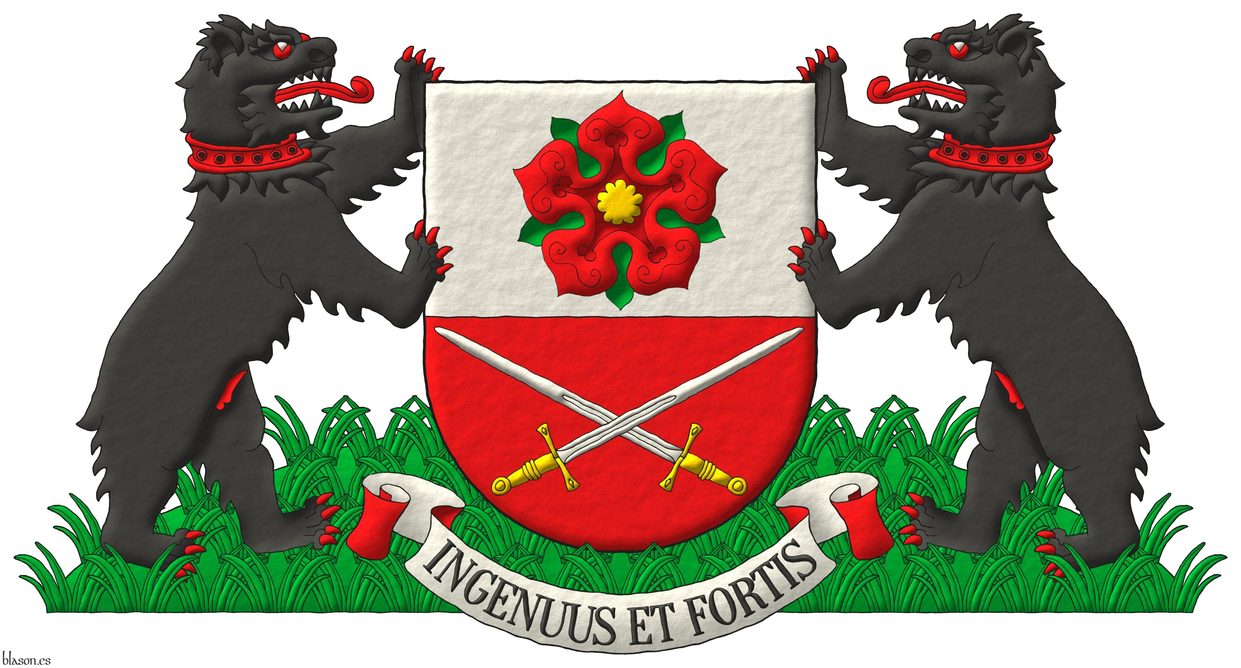 Party per fess: 1 Argent, a rose Gules, barbed and seeded proper; 2 Gules, two swords in saltire Argent, hilted Or. Supporters: Two bears Sable, the eyes, pizzled, langued, armed and gorged Gules, terraced Vert. Motto: Ingenuus et fortis Sable over a scroll Argent doubled Gules.