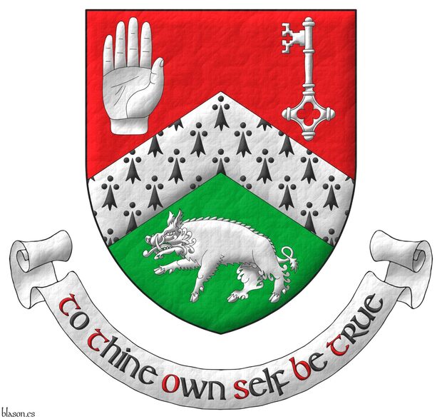 Party per chevron Gules and Vert, overall a chevron ermine between, in the dexter of the chief a dexter hand apaume couped at the wrist, in the sinister of the chief a key palewise, ward to dexter chief, and in base a boar passant Argent. Motto: To Thine Own Self Be True Sable, with initial letters Gules, over a scroll Argent.