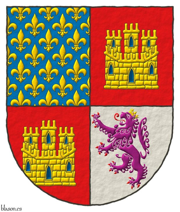 Quarterly: 1 Azure sem of fleurs de lis Or; 2 and 3 Gules, a castle triple towered Or, the port and windows Azure, masoned Sable; 4 Argent, a lion rampant Purpure, armed and langued Gules, crowned Or.