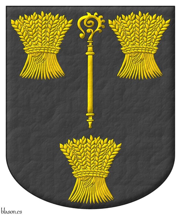 Escudo de sable, un bculo de oro, acompaado de tres gavillas de trigo de oro.