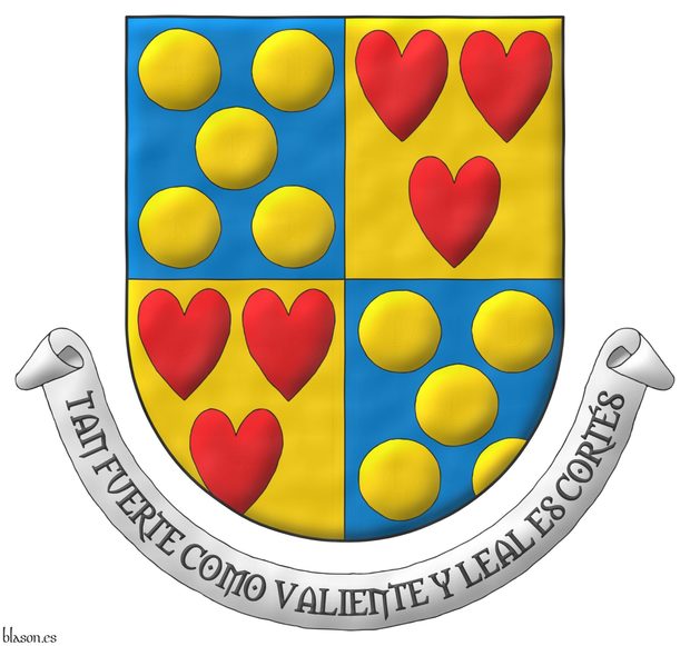 Quarterly: 1 and 4 Azure, five Bezants in saltire; 2 and 3 Or, three hearts Gules ordered. Motto: Tan fuerte como valiente y leal es Corts.