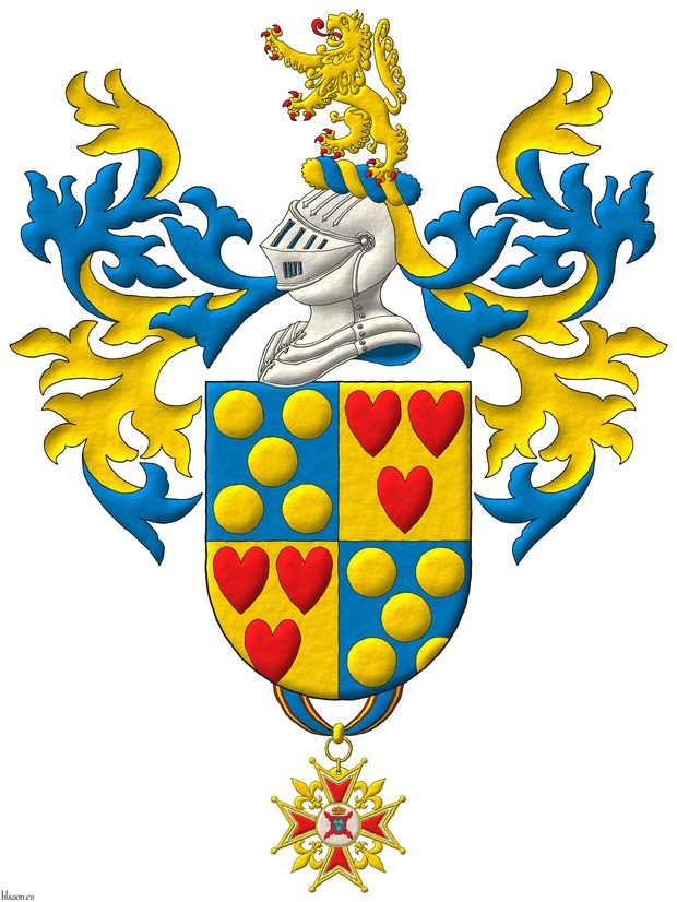 Quarterly: 1 and 4 Azure, five Bezants in saltire; 2 and 3 Or, three hearts Gules ordered. Crest: Upon a Helm Argent with a Wreath Or and Azure a Lion rampant Or, langued and armed Gules. Mantling: Azure doubled Or. Suspended from the base the badge of commander of the Hermandad Nacional Monrquica de Espaa.