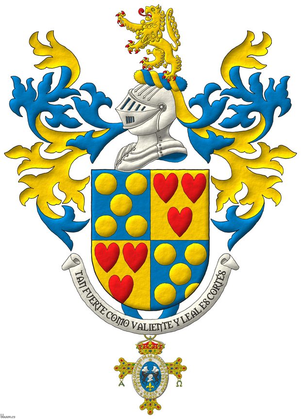 Quarterly: 1 and 4 Azure, five Bezants in saltire; 2 and 3 Or, three hearts Gules ordered. Crest: Upon a Helm Argent with a Wreath Or and Azure a Lion rampant Or, langued and armed Gules. Mantling: Azure doubled Or. Suspended from the base the insignia of the Cuerpo de la Nobleza del Principado de Asturias. Lema: Tan fuerte como valiente y leal es Corts.