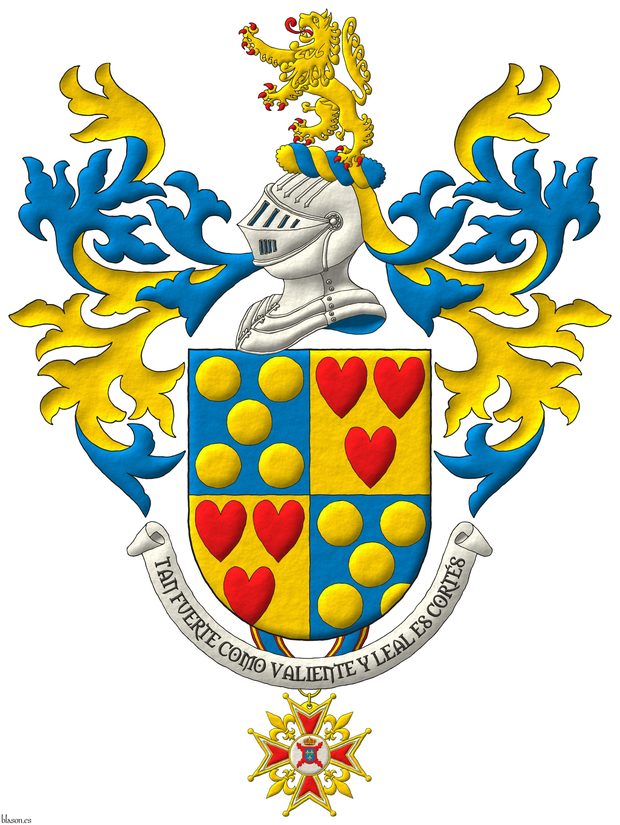 Quarterly: 1 and 4 Azure, five Bezants in saltire; 2 and 3 Or, three hearts Gules ordered. Crest: Upon a Helm Argent with a Wreath Or and Azure a Lion rampant Or, langued and armed Gules. Mantling: Azure doubled Or. Suspended from the base the badge of commander of the Hermandad Nacional Monrquica de Espaa. Lema: Tan fuerte como valiente y leal es Corts.