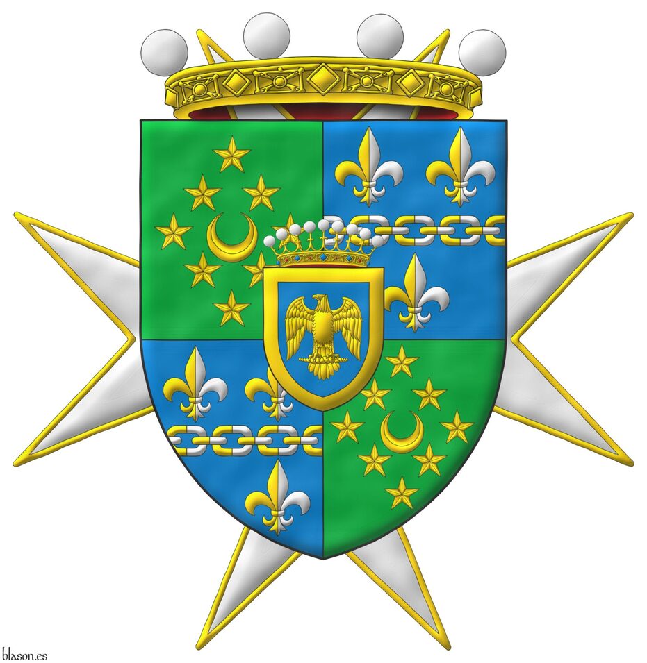 Quarterly: 1 and 4 Vert, a crescent within eight mullets in lozenge Or; 2 and 3 Azure, a chain fesswise throughout between three fleurs de lis, 2 and 1, all the links and fleurs de lis per pale Or and Argent; an inescutcheon Azure, bearing a crown of count, charged with an eagle displayed within a bordure Or. Crest: A crown of Baron. Behind the shield the cross of a Knight of Justice of the Most Venerable Order of the Hospital of Saint John of Jerusalem.