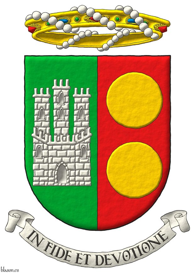 Party per pale: 1 Vert, a Castle triple-towered Argent; 2 Gules, two bezants in pale Or. For crest a crown of baroness. Lema: In Fide et Devotione.