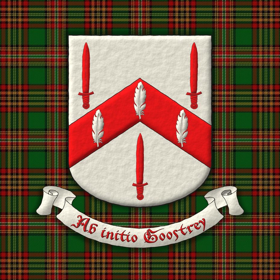 Argent, on a chevron Gules three feathers Argent, between three swords erect Gules. Motto: Ab Initio Goostrey.