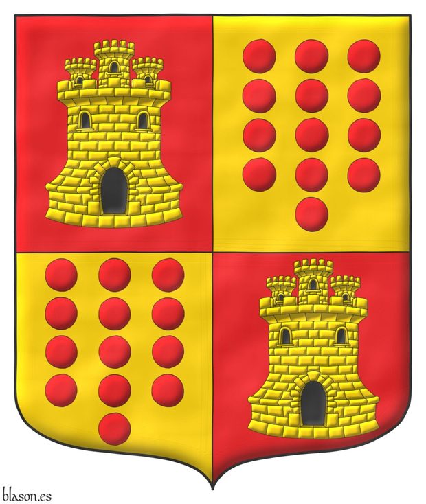 Quarterly: 1 and 4 Gules, a Castle triple towered Or, port, windows and masoned Sable; 2 and 3 Or, thirteen Torteaus, three, three, three, three, and one.