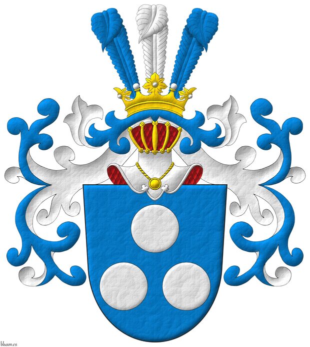 Escudo de azur, tres bezantes de plata, 1 y 2. Timbrado de un yelmo de frente, adornado de dos lambrequines de azur doblados de plata, coronado de oro, cimado de un penacho de tres plumas de azur, plata y azur.