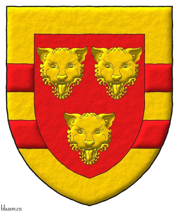 Gules, three Leopards faces Or, the whole within a Border Or with two Bars Gules.