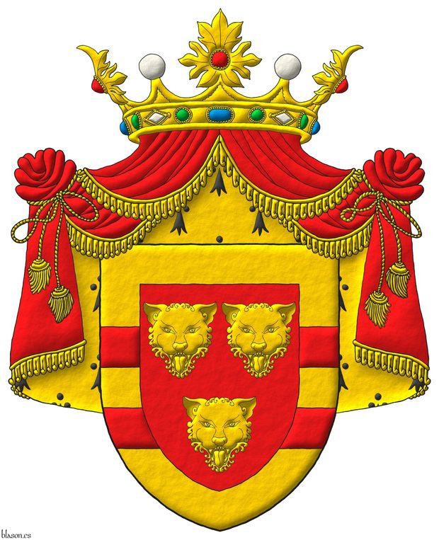 Escudo de gules, tres cabezas de leopardo de oro; una bordura de oro con dos burelas de gules. Timbrado de una corona de prncipe abierta y manto de gules y forro armiado de oro y sable.