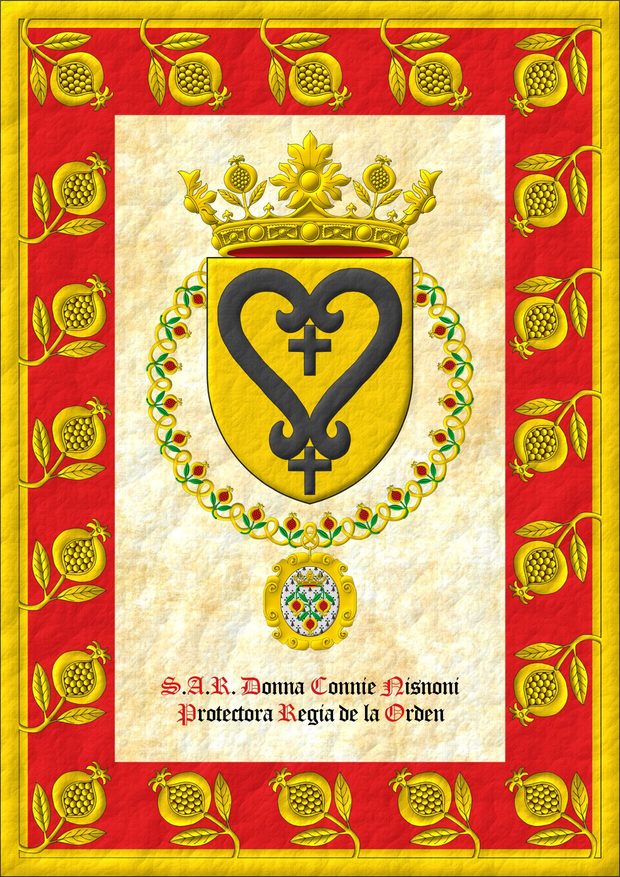Escudo de oro, el smbolo de la Casa Real de Kupang de sable. Timbrado de una corona de la Soberana y Muy Noble Orden de la Granada. El escudo est rodeado del Gran Collar de la Soberana y Muy Noble Orden de la Granada.
