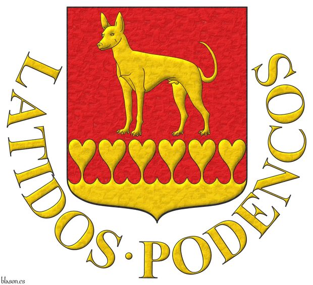 Escudo de gules: un podenco de oro, parado; la campaa encajada de corazones de oro. Divisa: Latidos Podencos de oro.