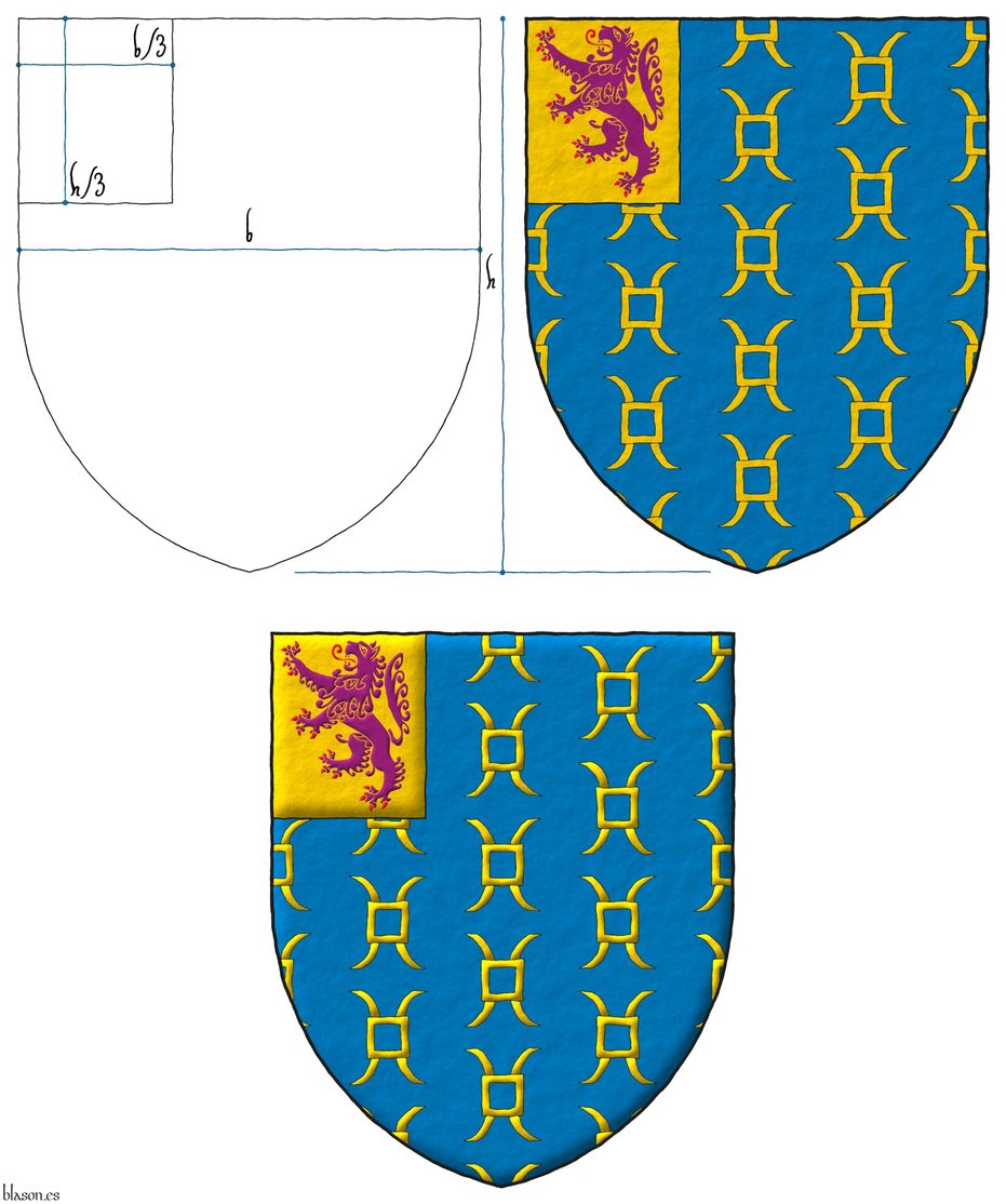 Azure sem of millrinds Or; on a dexter canton Or, a lion rampant Purpure, armed and langued Gules.