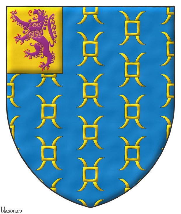 Azure sem of millrinds Or; on a dexter canton Or, a lion rampant Purpure, armed and langued Gules.