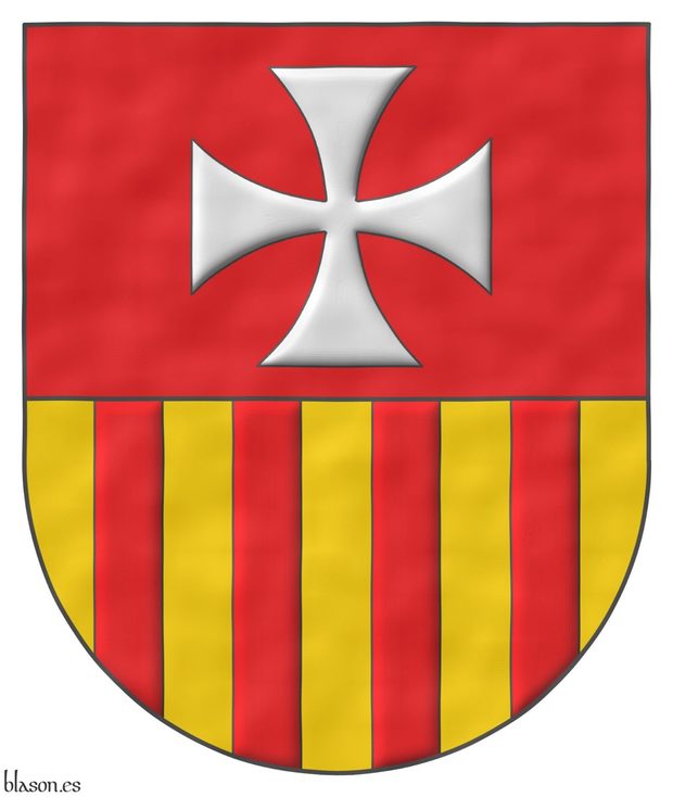 Escudo cortado: 1o de gules, una cruz patada de plata; 2o de Aragn