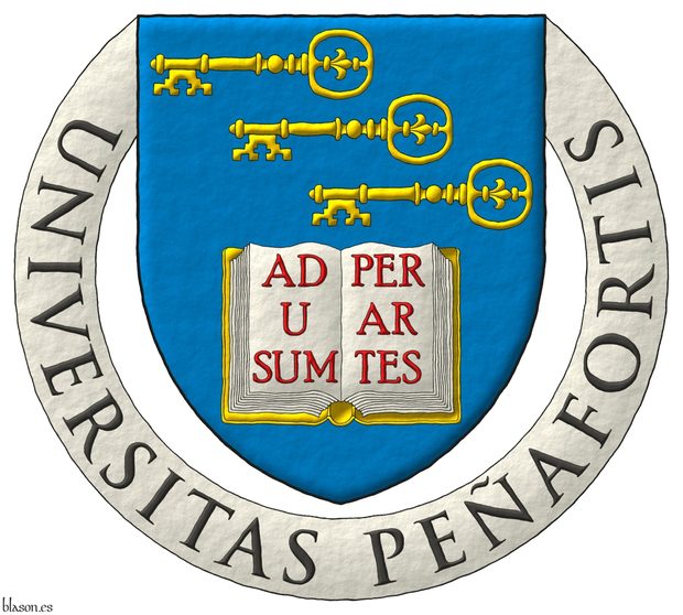 Escudo de azur, en jefe tres llaves en banda, puestas en faja, con el dentado a la diestra y abajo de oro, en punta un libro abierto de oro, hojado de plata con la inscripcin Ad usum per artes de gules. Divisa: Universitas Peafortis.