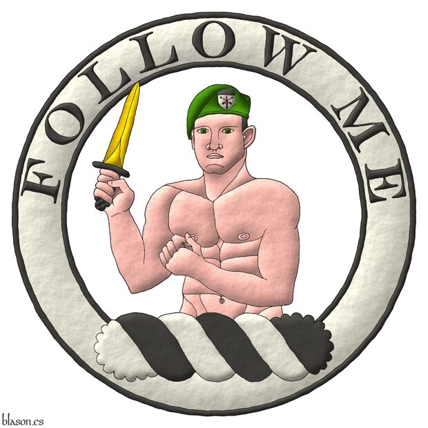 Upon a wreath Argent and Sable, a demi-man proper wearing a beret Vert and grasping in his dexter hand a commando dagger point upwards Or, hilted and pommelled Sable, surrounded by an annulet Argent, fimbriated and inscribed in chief with the motto Follow me Sable.