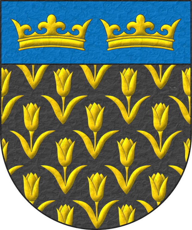 Sable, sem of Tulips Or; on a chief cousu Azure, two Crowns Or, in fess.