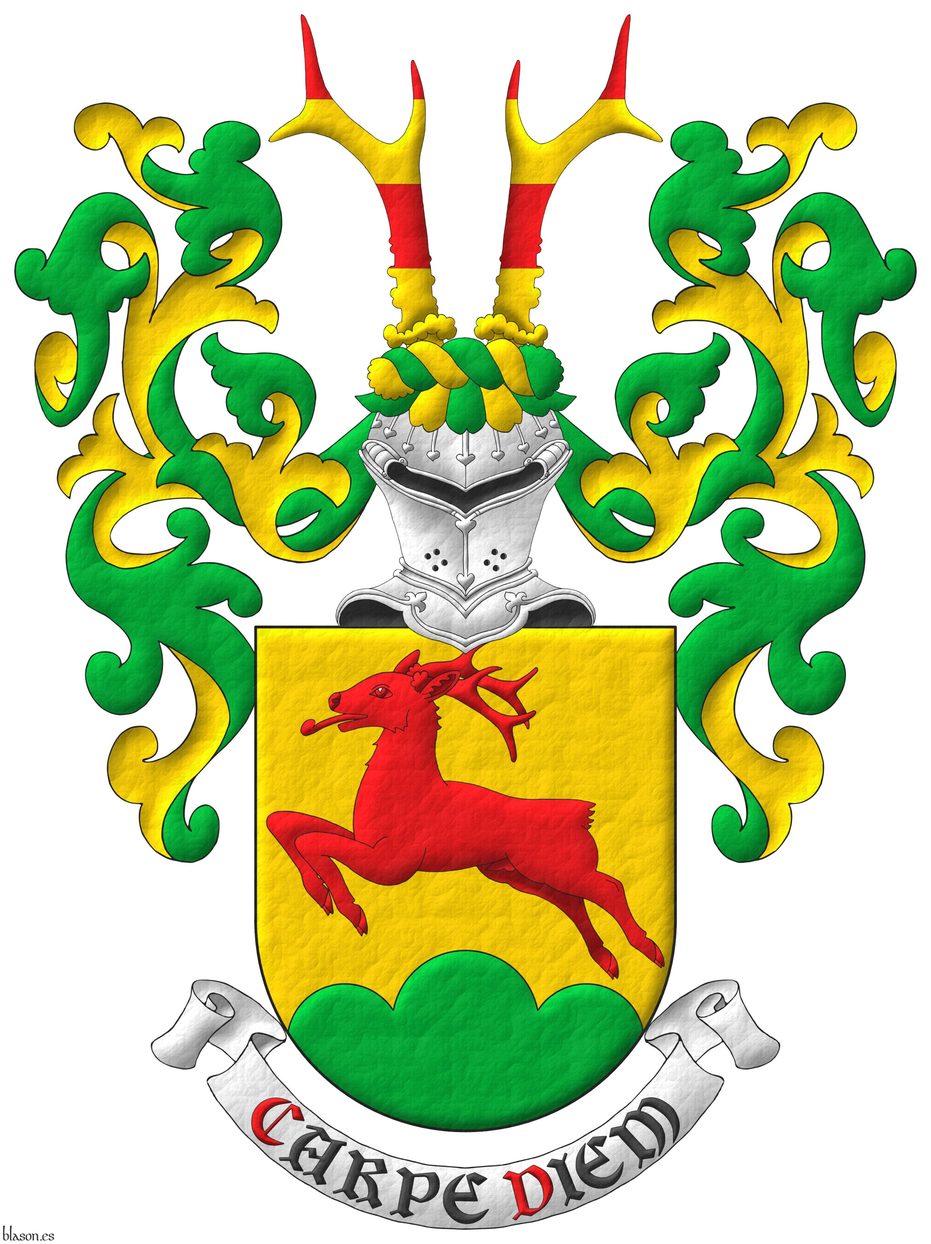 Escudo de oro, un corzo saltante de gules, en punta un monte de tres peas de sinople. Timbrado de un yelmo de frente, adornado de dos lambrequines de sinople doblados de oro, un burelete de oro y sinople, cimado de dos cuernas de corzo fajadas de gules y oro de cuatro piezas. Lema: Carpe diem.