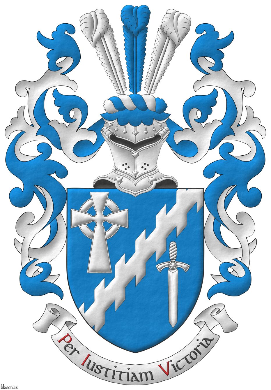 Azure, a bend sinister raguly between, in dexter chief, a Celtic cross, in sinister base, a sword point downwards Argent. Crest: Upon a helm affronty with a wreath Argent and Azure, three ostrich feathers alternately Argent and Azure. Mantling: Azure doubled Argent. Motto: Per Iustitiam Victoria Sable, with initial letters Gules, over a scroll Argent.