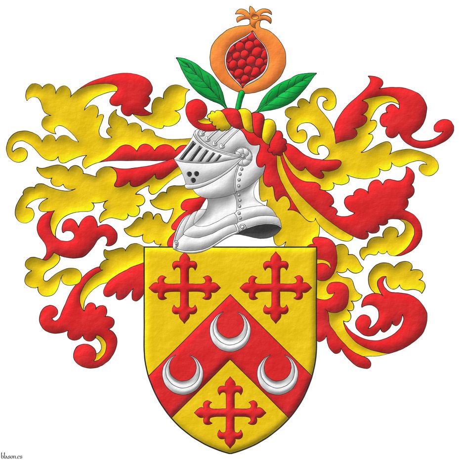 Or, on a chevron, between three crosses flory Gules, three crescents Argent. Crest: Upon a helm, with a wreath Or and Gules, a pomegranate Proper, seeded Gules, slipped and leaved Vert. Mantling: Gules doubled Or.