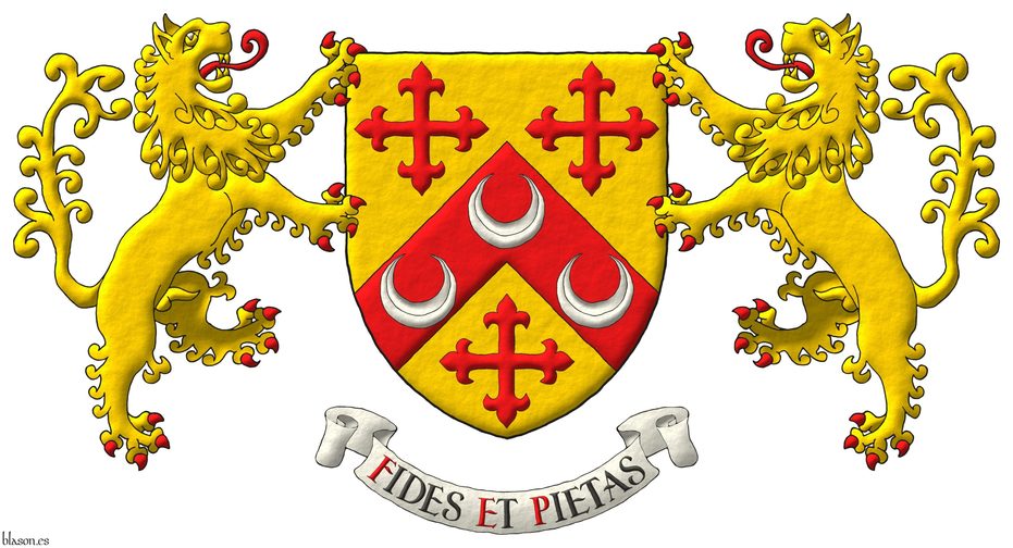 Escudo de oro, un cabrio de gules, cargado de tres crecientes de plata, acompaado de tres cruces flordelisadas de gules. Por soportes dos leones rampantes de oro, lampasados y armados de gules. Lema: Fides et pietas.