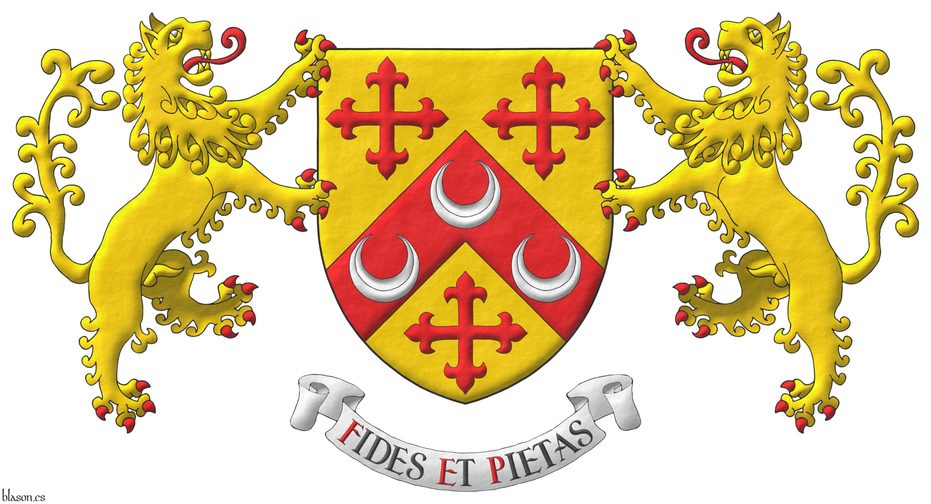 Or, on a chevron, between three crosses flory Gules, three crescents Argent. Supporters: Two Lions rampant Or, langued and armed Gules. Motto: Fides et pietas.