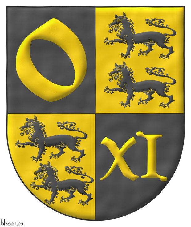 Escudo cuartelado: 1o de sable, una o de oro; 2o y 3o de oro, dos lobos pasantes, en palo de sable; 4o de sable, un XI romano de oro.