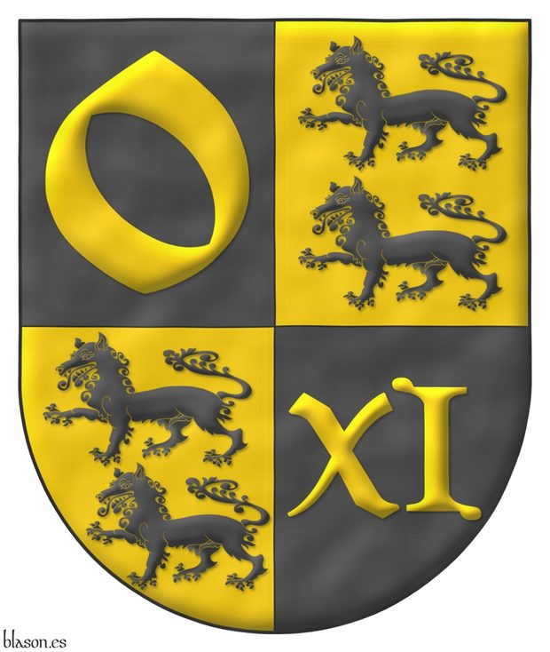 Escudo cuartelado: 1o de sable, una o de oro; 2o y 3o de oro, dos lobos pasantes, en palo de sable; 4o de sable, un XI romano de oro.