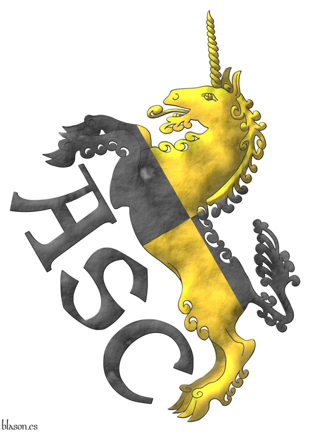 A unicorn salient, quarterly per saltire Or and Sable. Motto: ASC bendwise Sable, between the hoofs.