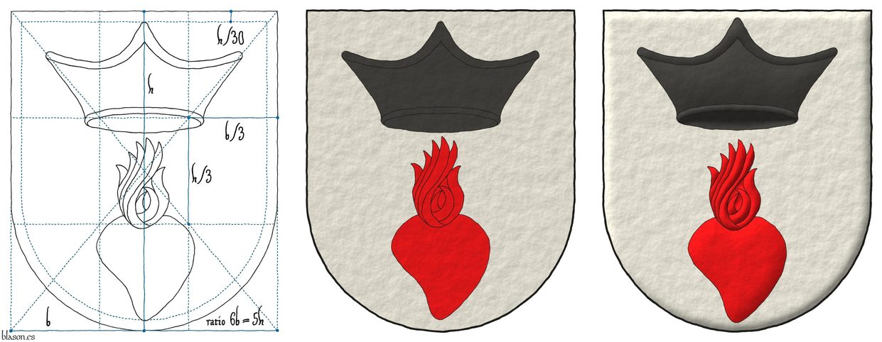 Escudo de plata, en jefe un bonete eclesistico de sable, en punta un corazn llameante de gules.