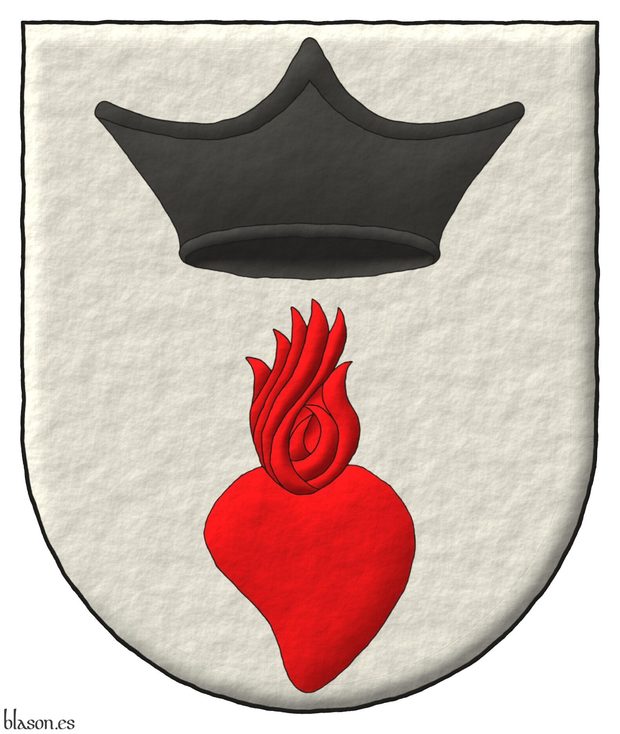 Escudo de plata, en jefe un bonete eclesistico de sable, en punta un corazn llameante de gules.