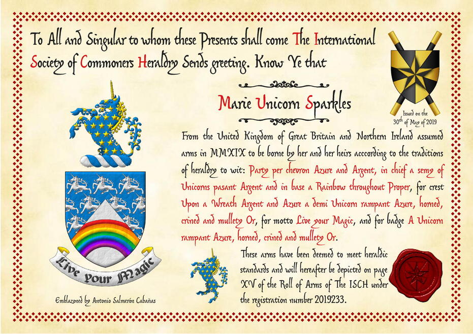 Party per chevron Azure sem of unicorns passant, and Argent, a rainbow throughout proper. Crest: Upon a wreath Argent and Azure a demi-unicorn Azure, horned, crined and sem of mullets Or. Motto: Live your Magic.