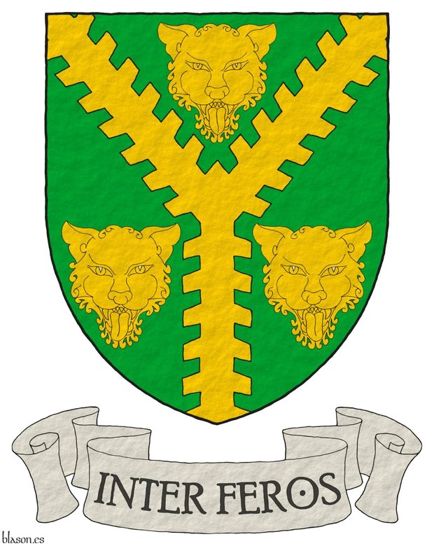 Vert, a pall raguly Or between three leopards' faces Or. Motto: Inter feros in letters Sable within a scroll Argent.