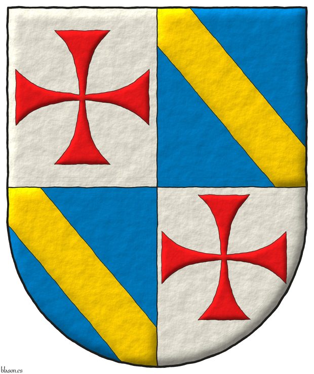 Quarterly: 1 and 4 Argent, a cross patty Gules; 2 and 3 Azure, a bend Or