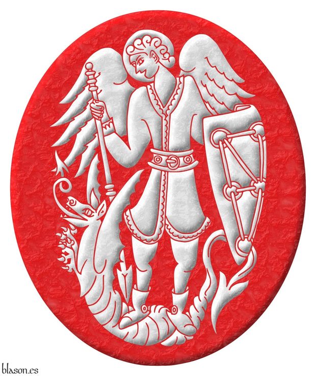 Emblema de azur, un Arcngel Miguel, en su diestra una lanza, con la punta hacia abajo y en su siniestra un escudo, sostenido por un dragn, todo de plata.