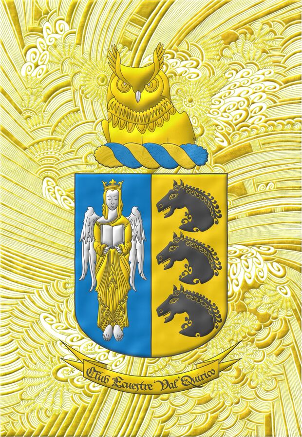Party per pale: 1 Azure, an angel Argent, crowned, crined and vested Or holding an open book Argent; 2 Or, three horses' heads couped, in pale Sable. Crest: Upon a wreath Or and Azur, an owl's head couped at the shoulders Or, beaked Argent. Motto Club Ecuestre ValQuirico.