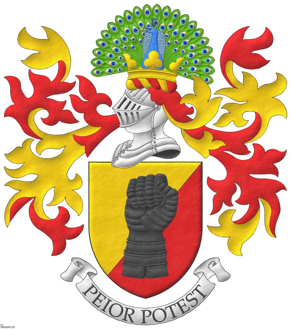 Party per bend sinister Or and Gules, a clenched gauntlet Sable. Crest: Upon a helm, with a wreath Or and Gules, a peacock in his splendour proper, on a coronet trefoiled Or. Mantling: Gules doubled Or. Motto: Peior potest.