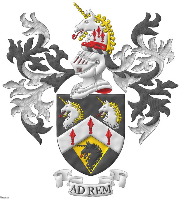 Sable, on a chevron Argent three spears' heads Gules, in chief two unicorns' heads erased Argent, horned and crined Or, langued Gules, in base on a pile of the last issuant from the chevron a unicorn head erased Sable, langued Gules. Crest: Upon a helm with a wreath Argent and Sable, a unicorn's head Argent, erased Gules, horned and crined Or, langued gules, charged upon the neck with three spears' heads cheveronwise Gules. Mantling: Sable doubled Argent. Motto: Ad rem.