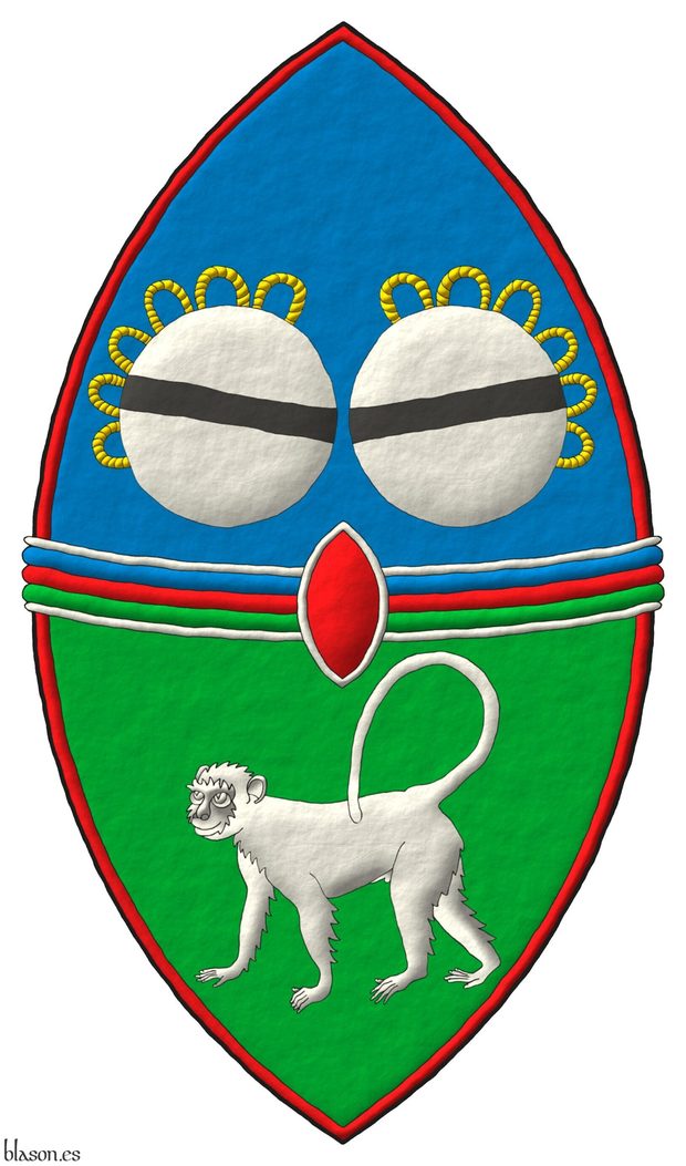 Escudo cortado, perfilado de gules: 1o de azur, dos tambores reales en faja de plata, cordados de oro, cargados cada uno con una burela de sable; 2o de sinople, un mono parado de plata; brochante sobre la partici�n una faja terciada en faja de azur, gules y sinople, perfilada de plata; brochante sobre el todo un escus�n de gules, perfilado de plata.
