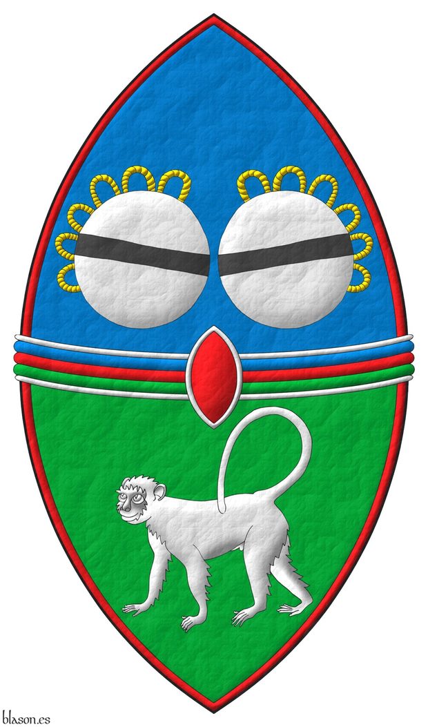 Party per fess, fimbriated Gules: 1<sup>st</sup> Azure, two royal drums in fess Argent, stringed Or, each charged with a bar Sable; 2<sup>nd</sup> Vert, a monkey statant Argent; overall a fess tierced per fess Azure, Gules, and Vert, fimbriated Argent; overall an inescutcheon Gules, fimbriated Argent.