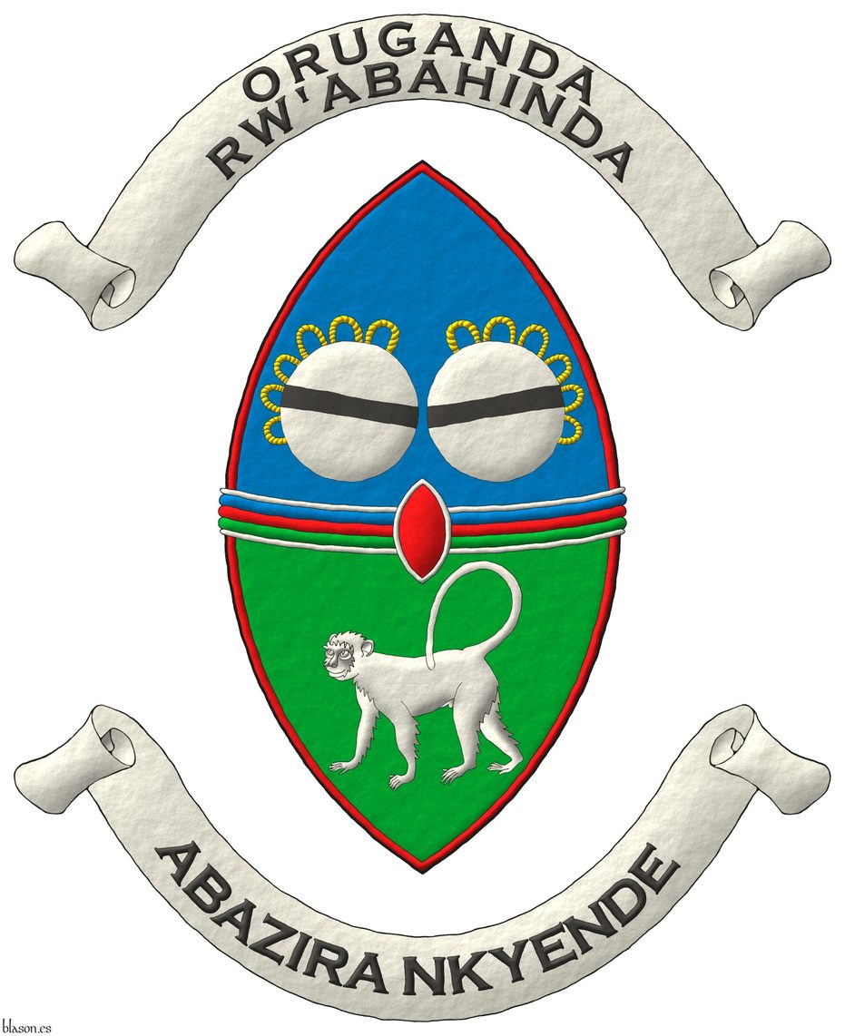 Escudo cortado, perfilado de gules: 1o de azur, dos tambores reales en faja de plata, cordados de oro, cargados cada uno con una burela de sable; 2o de sinople, un mono parado de plata; brochante sobre la partici�n una faja terciada en faja de azur, gules y sinople, perfilada de plata; brochante sobre el todo un escus�n de gules, perfilado de plata. Divisa: �Oruganda Rw'Abahinda� en letras de sable sobre una filacteria de plata. Lema: �Abazira Nkyende� en letras de sable sobre una filacteria de plata.