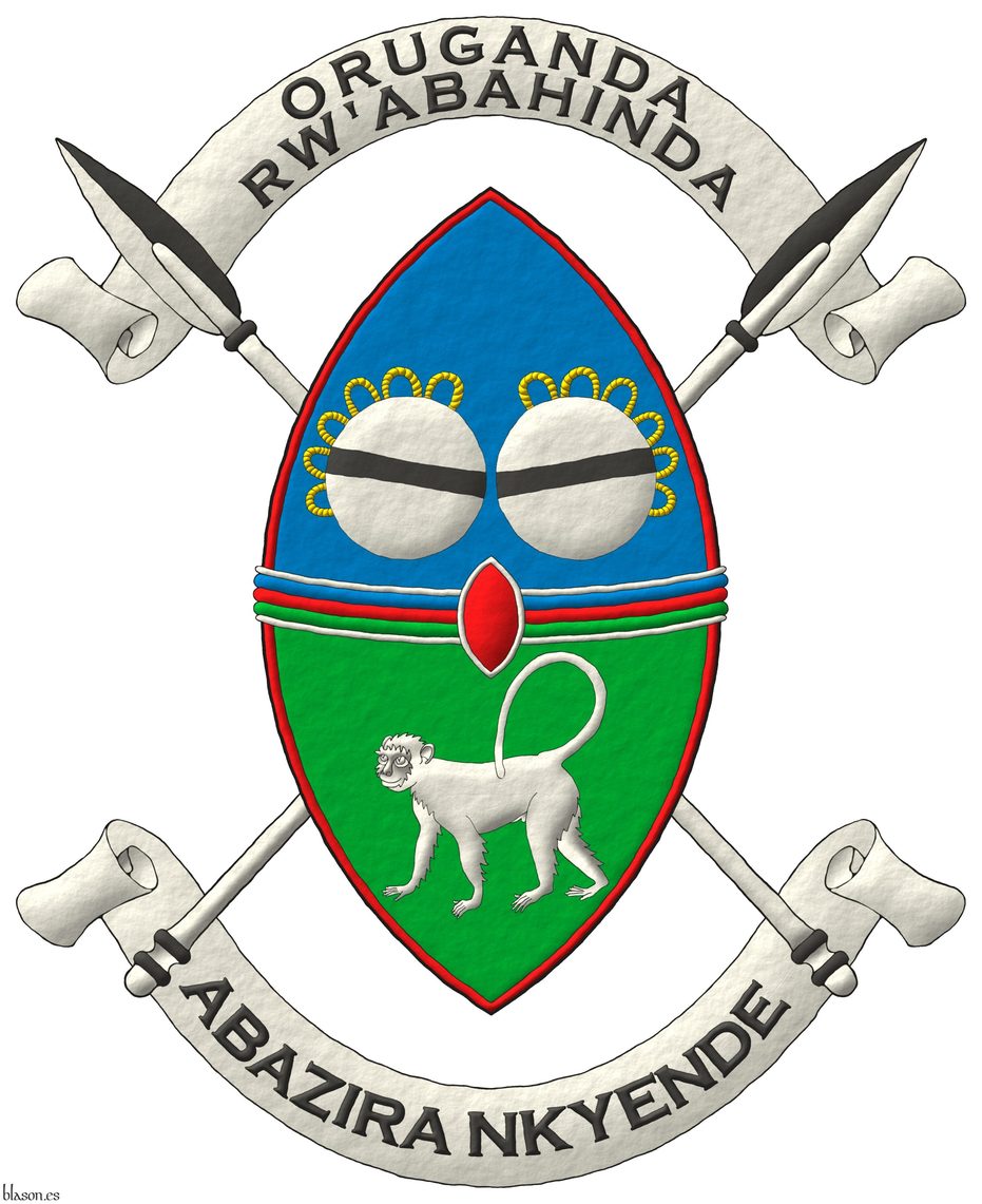 Escudo cortado, perfilado de gules: 1o de azur, dos tambores reales en faja de plata, cordados de oro, cargados cada uno con una burela de sable; 2o de sinople, un mono parado de plata; brochante sobre la partici�n una faja terciada en faja de azur, gules y sinople, perfilada de plata; brochante sobre el todo un escus�n de gules, perfilado de plata. Sostenido por dos lanzas reales en sotuer, la diestra partida de plata y sable, la siniestra partida de sable y plata, ambas fustadas de plata. Divisa: �Oruganda Rw'Abahinda� en letras de sable sobre una filacteria de plata. Lema: �Abazira Nkyende� en letras de sable sobre una filacteria de plata.